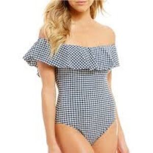 Gingham off the shoulder one piece bathing suit